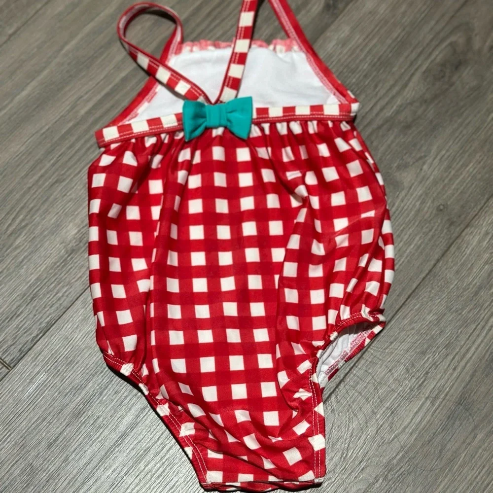 Kids Girl 2T  Month Red Gingham One-Piece Swimsuit with Smocked Detail